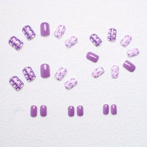 Nails 24 PC Short Square Pule pink Blue floral Plaid Press on nails - Picture 3 of 6